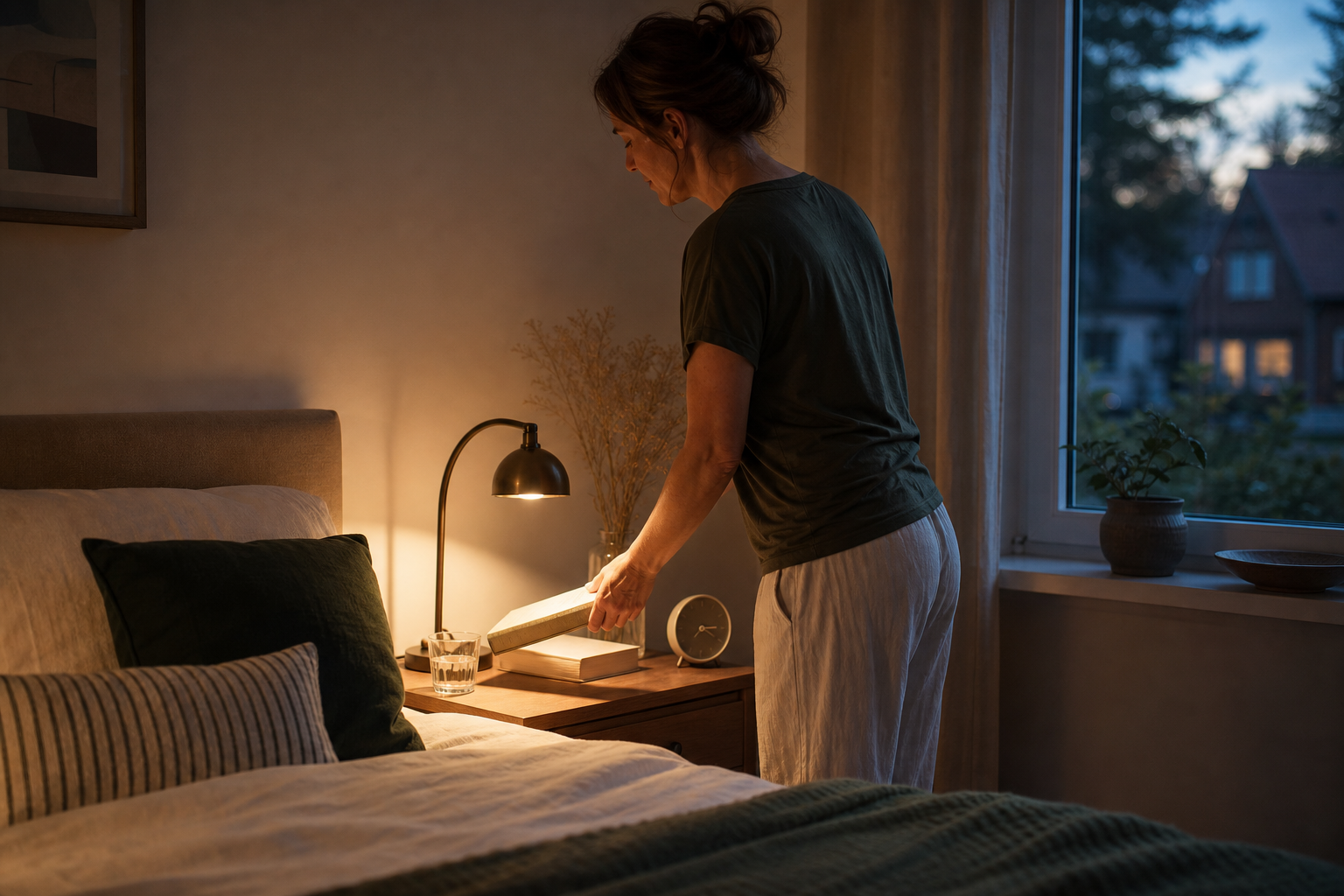 Een vrouw legt ’s avonds een boek op haar nachtkastje