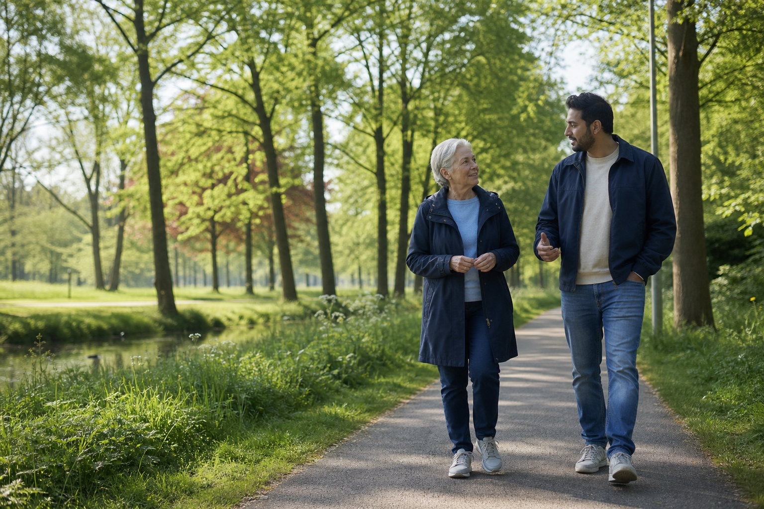Twee mensen lopen ontspannen langs bomen en water